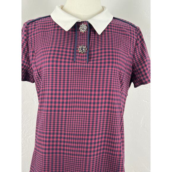 HOUNDSTOOTH MINI DRESS in Navy Burgundy Pleated Drop Waist (Womens: 6-8) - Picture 3 of 16